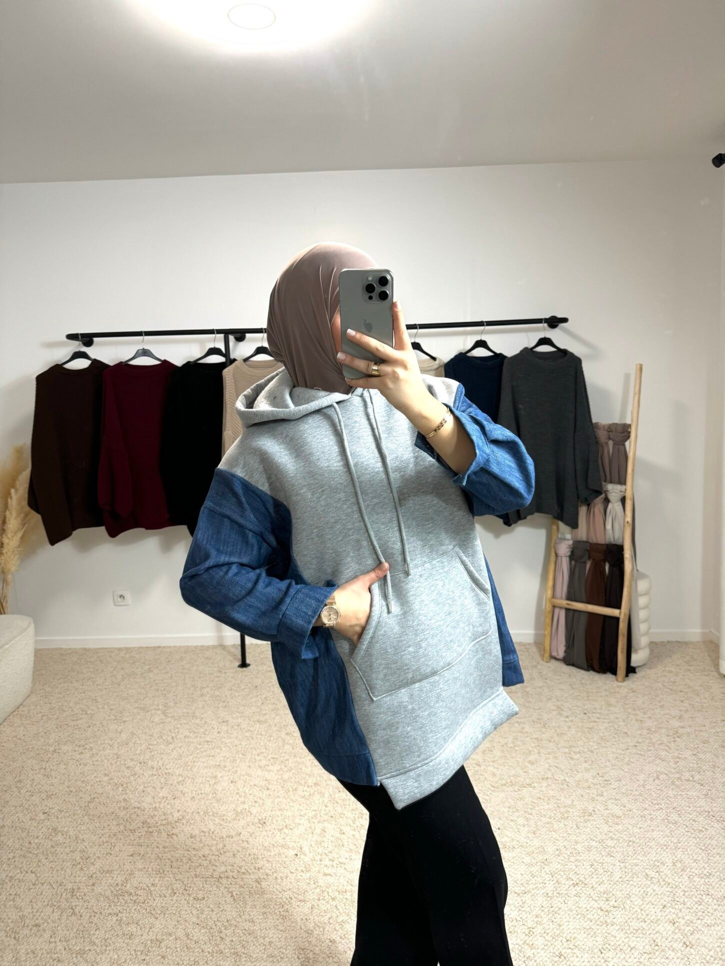 Pull bi-matière  - gris