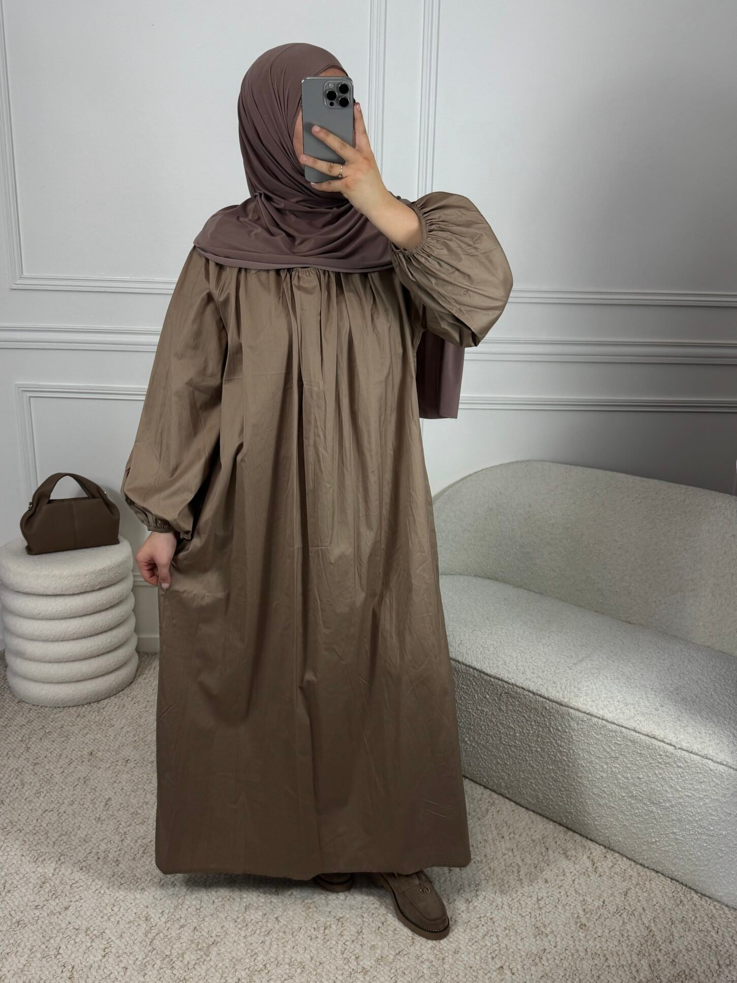 Abaya popeline manches ballon - camel
