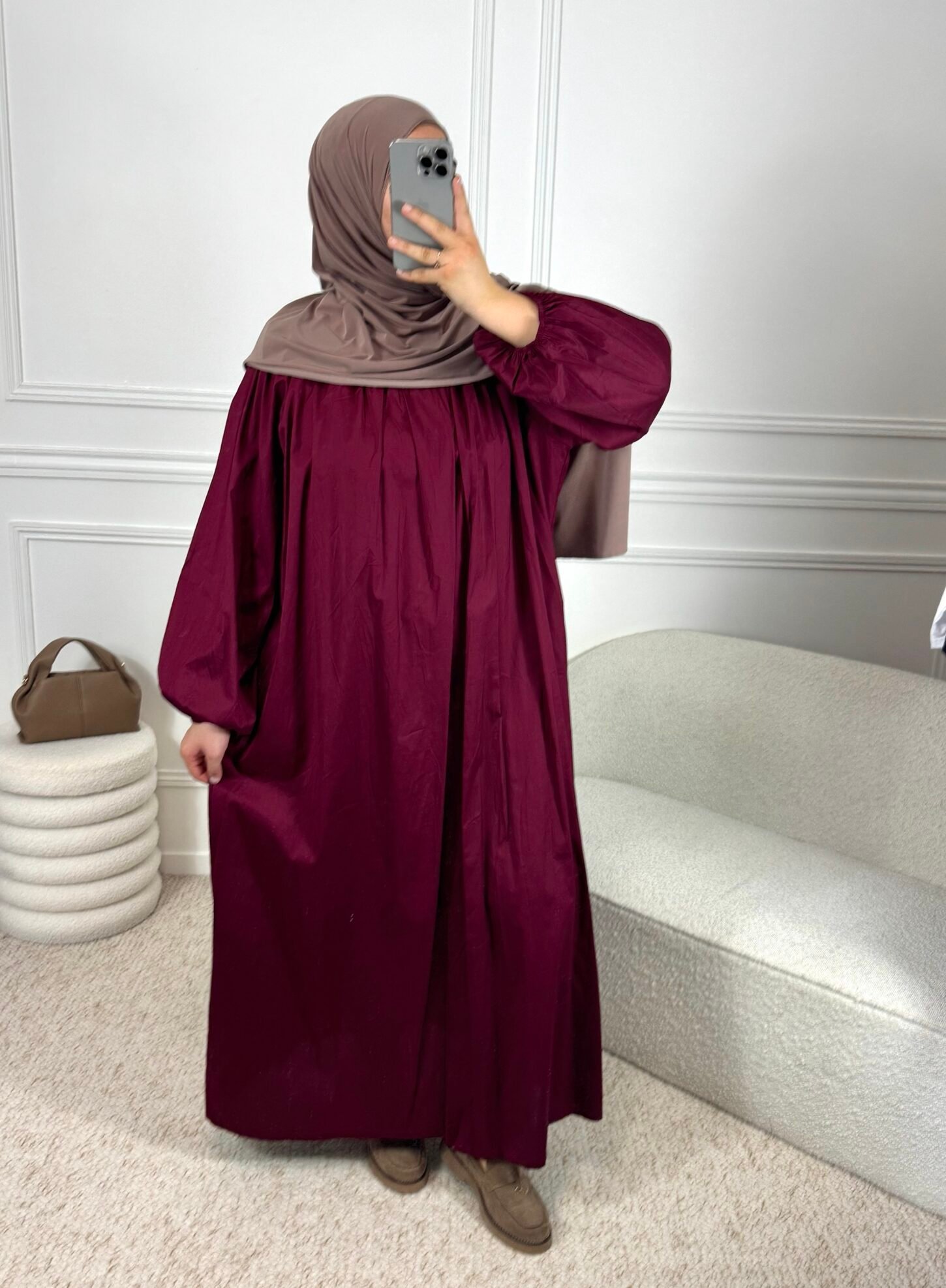 Abaya popeline manches ballon - bordeau