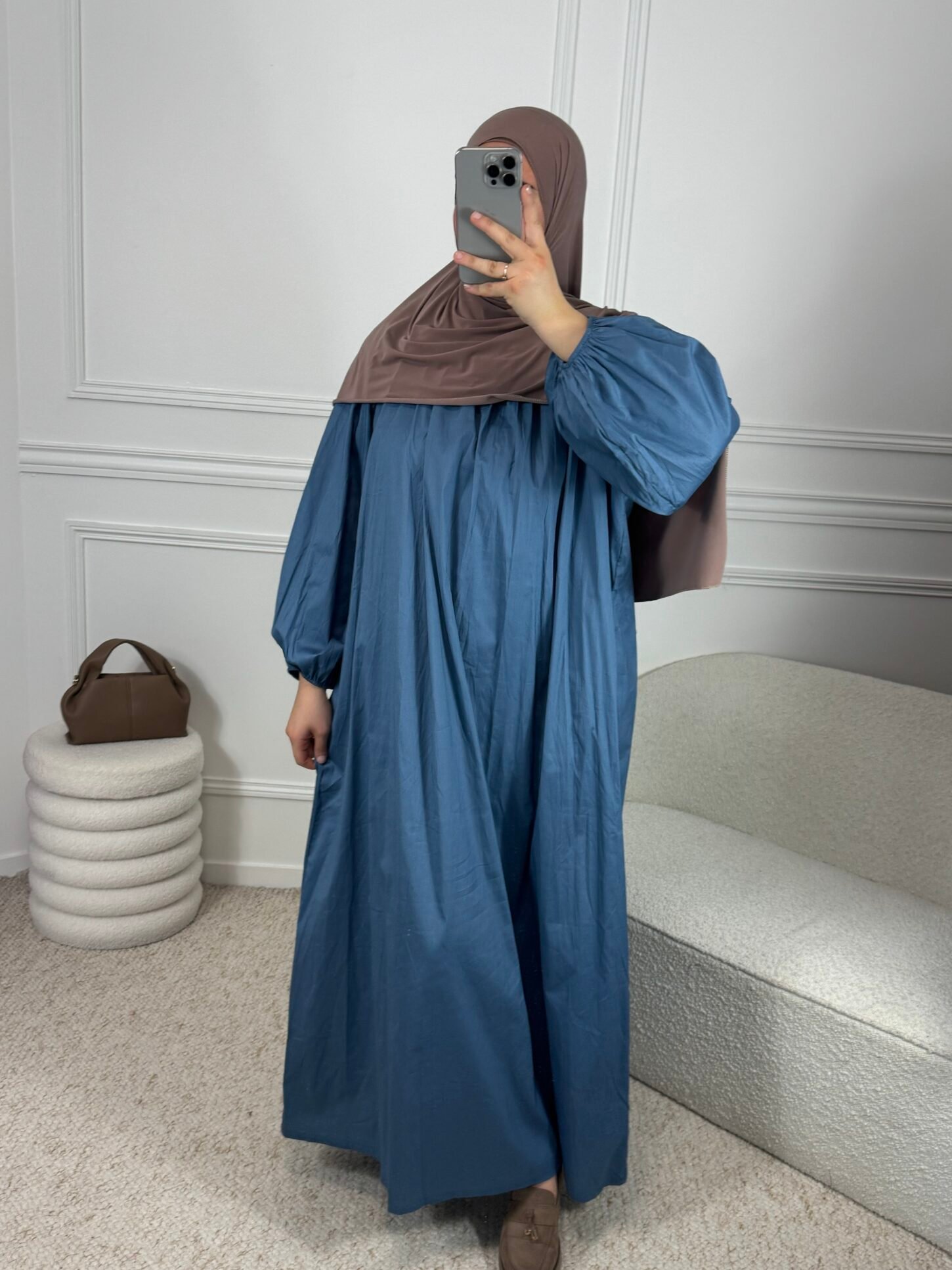 Abaya popeline manches ballon - bleu