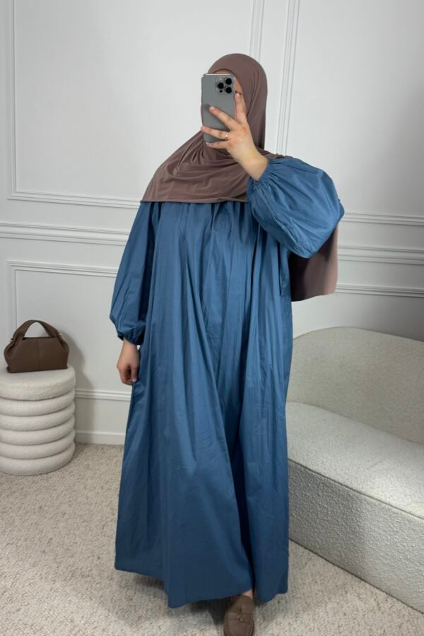 Abaya popeline manches ballon – bleu