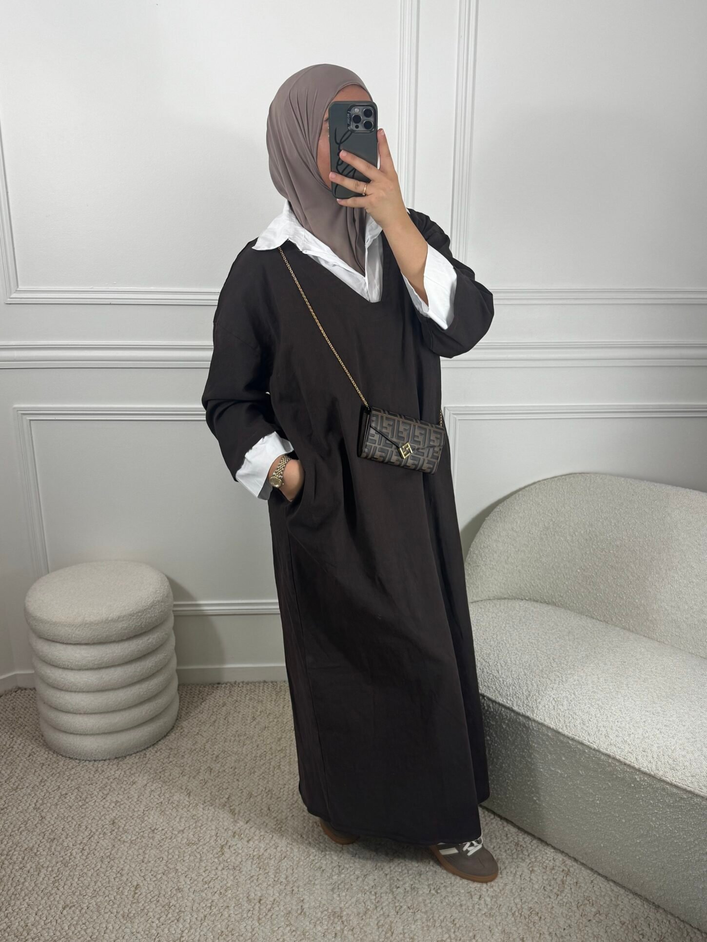 Abaya en jean chemise  - marron