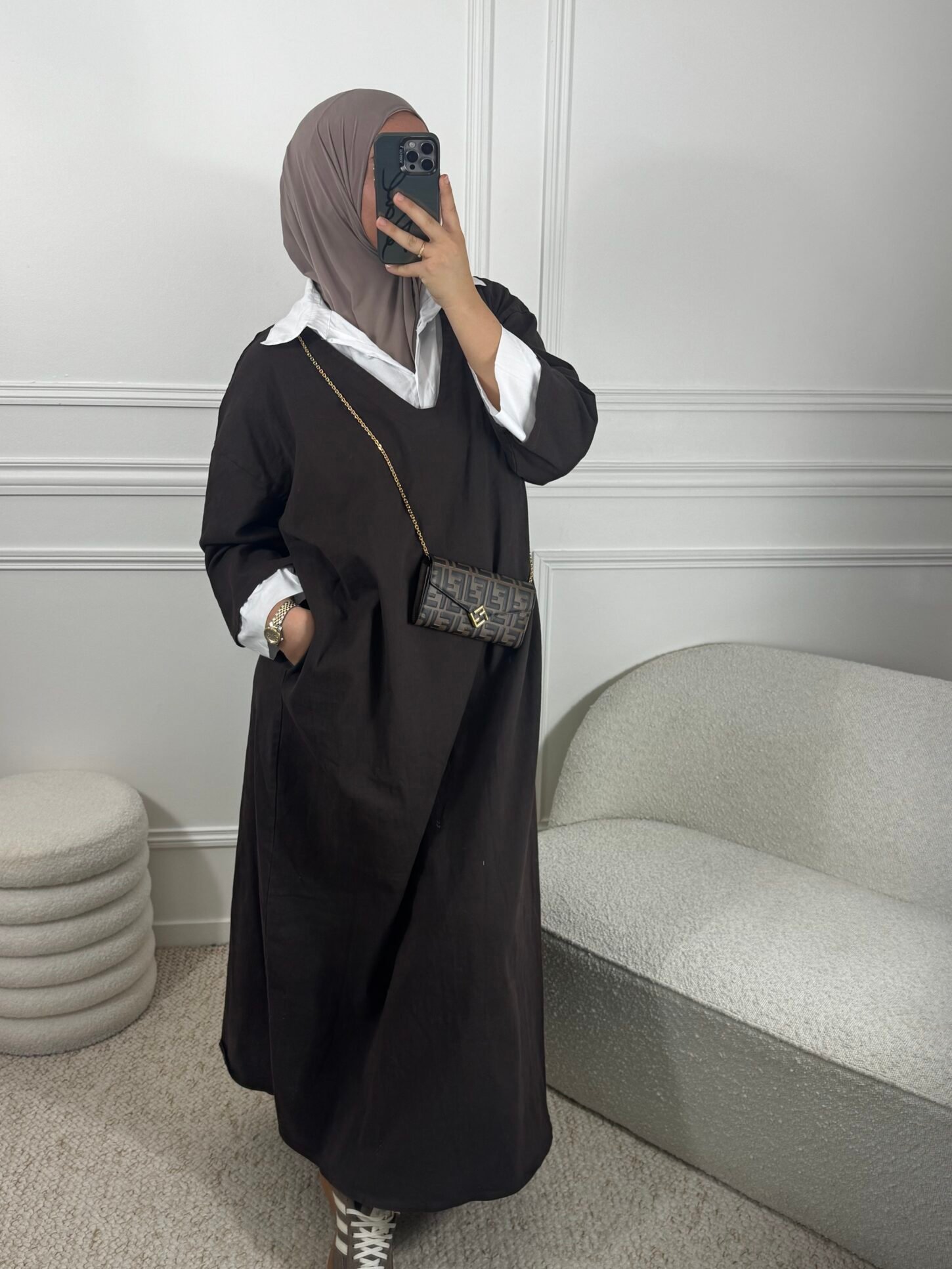 Abaya en jean chemise  - marron – Image 3