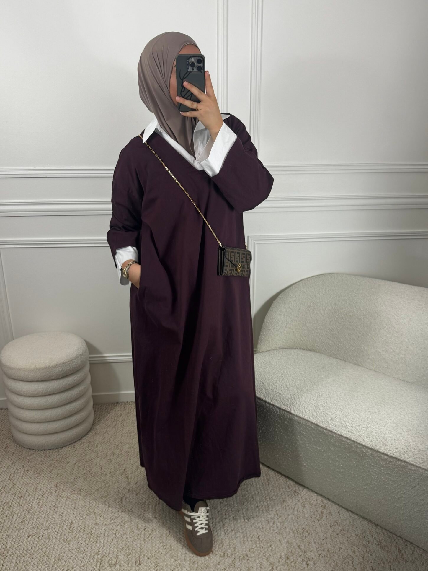 Abaya en jean chemise - bordeau