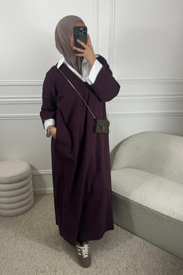 Abaya en jean chemise – bordeau