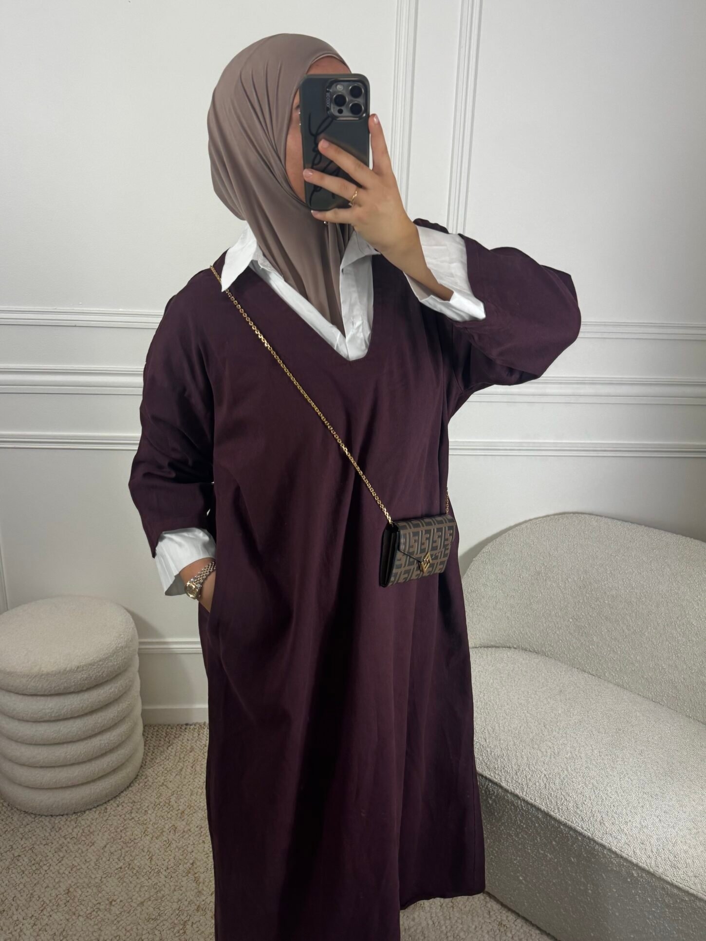 Abaya en jean chemise - bordeau – Image 3