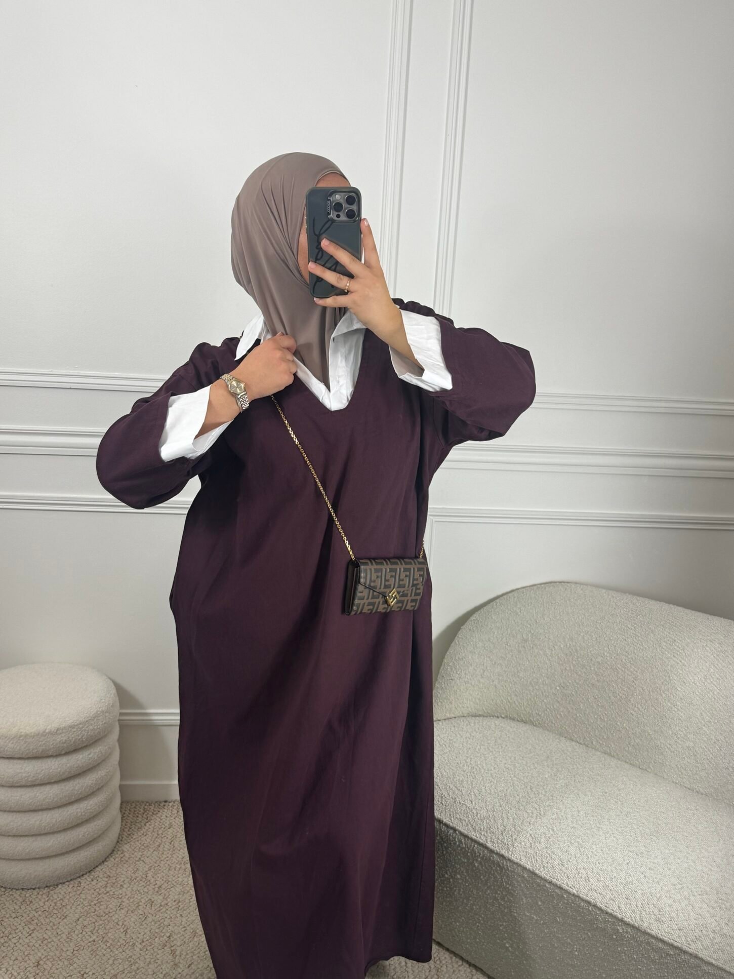 Abaya en jean chemise - bordeau – Image 2