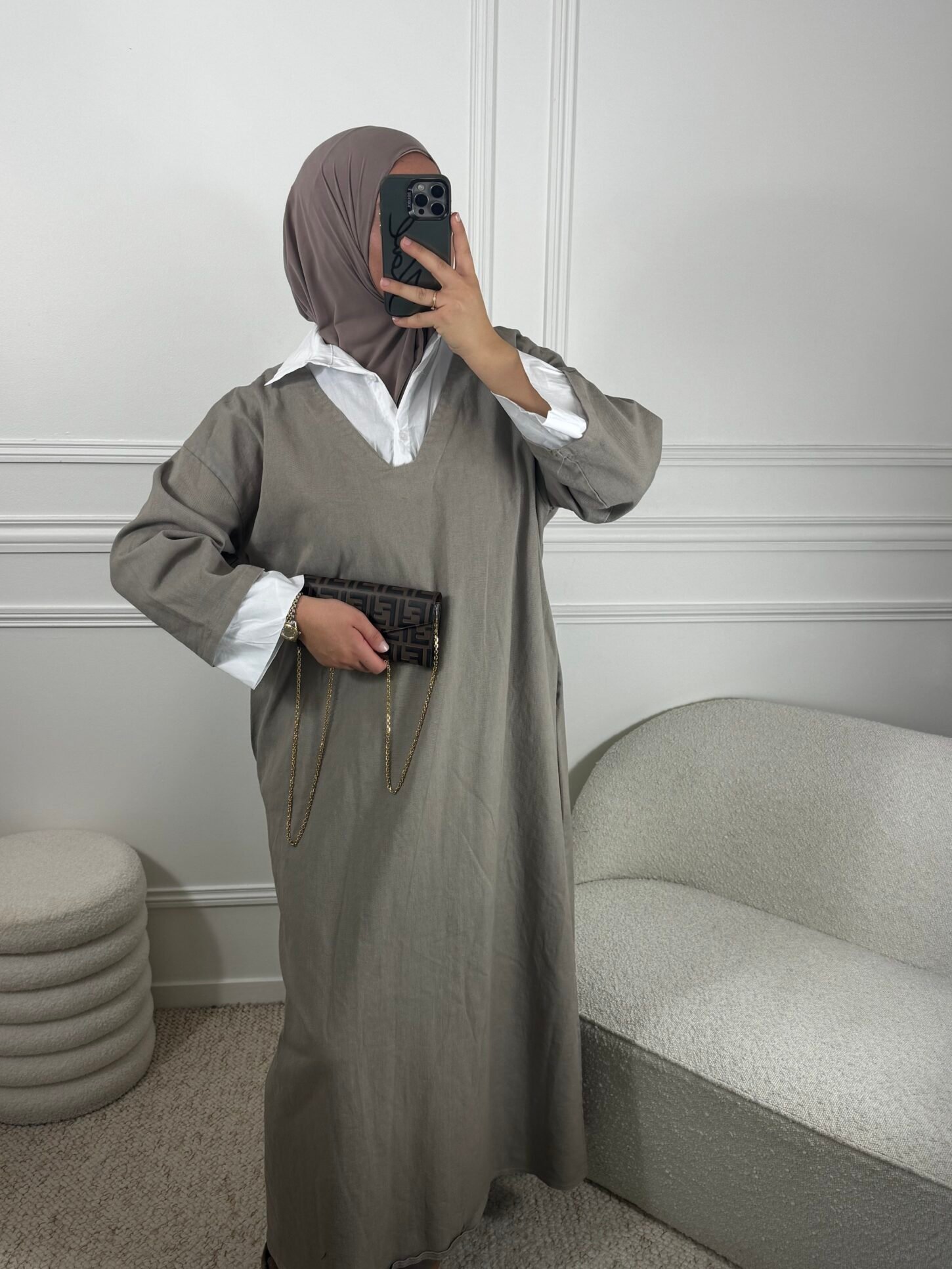 Abaya en jean chemise - taupe