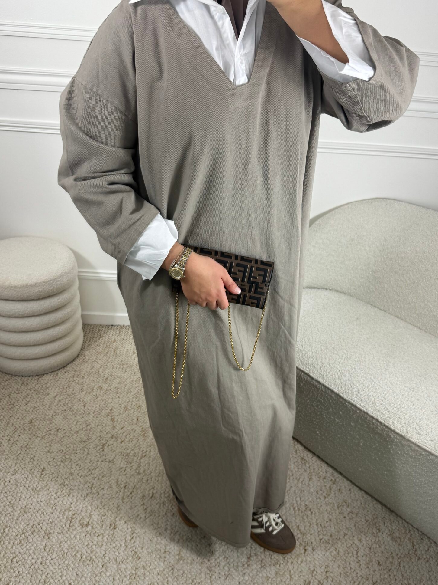 Abaya en jean chemise - taupe – Image 2
