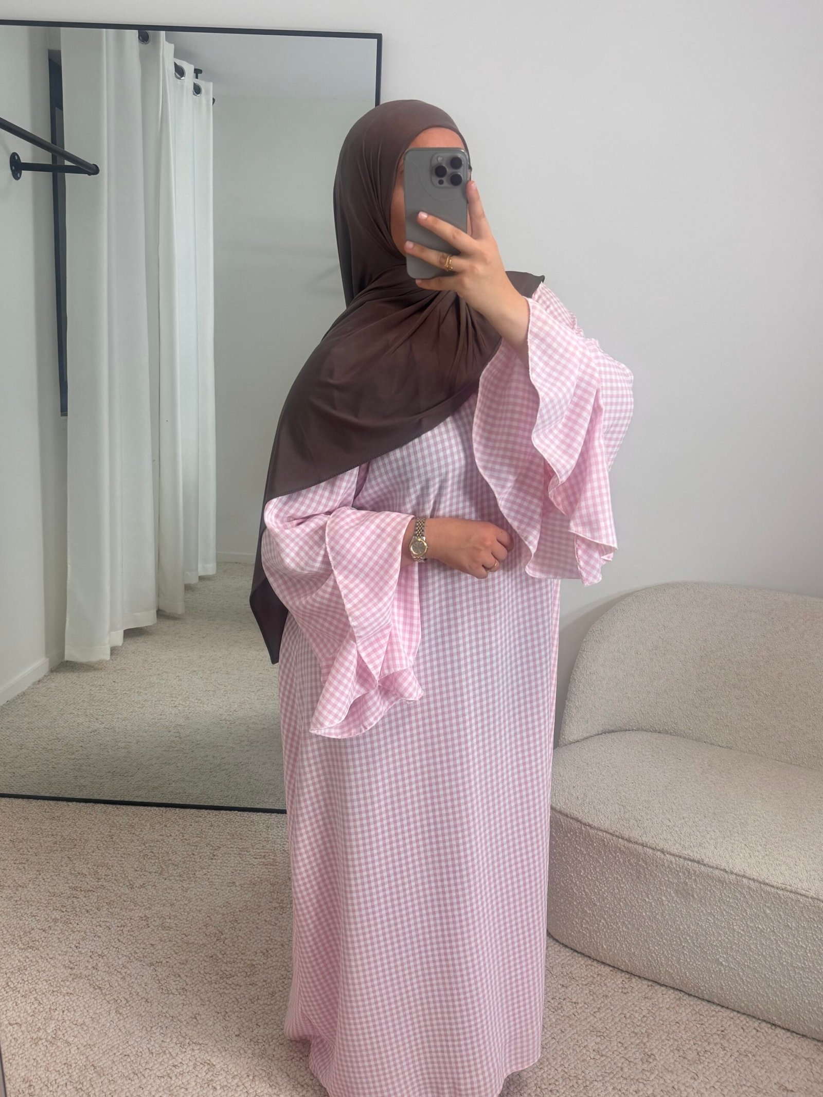 Abaya carreaux - rose clair – Image 2