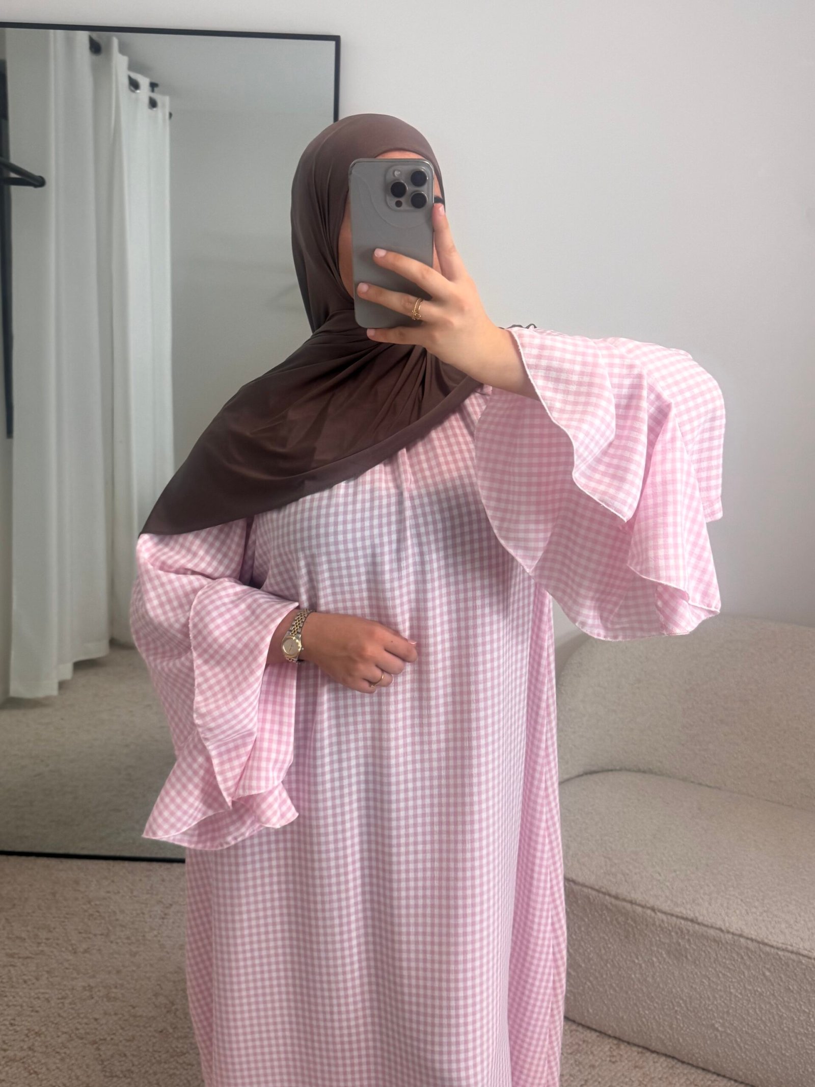 Abaya carreaux - rose clair – Image 3