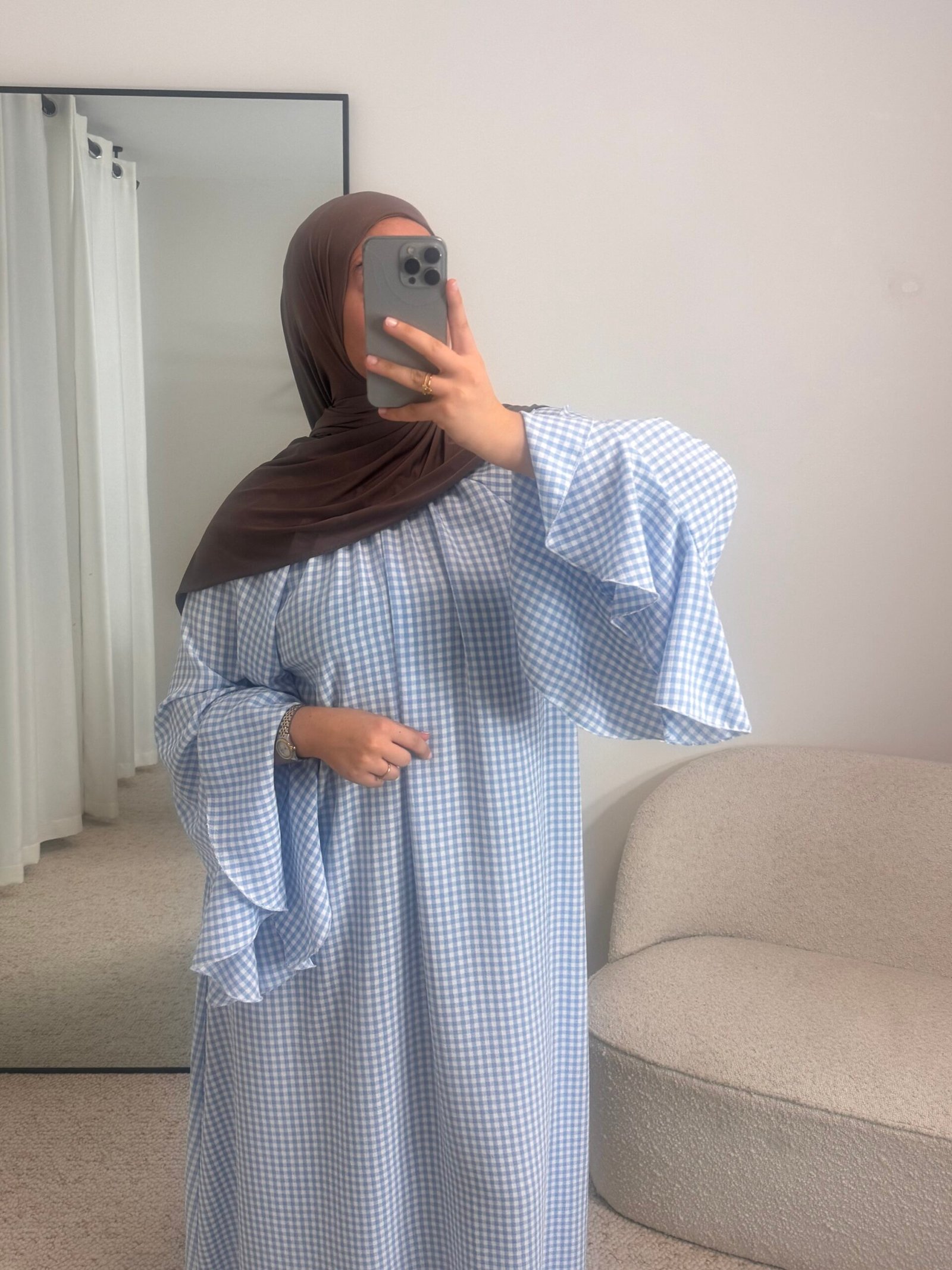 Abaya carreaux - bleu ciel