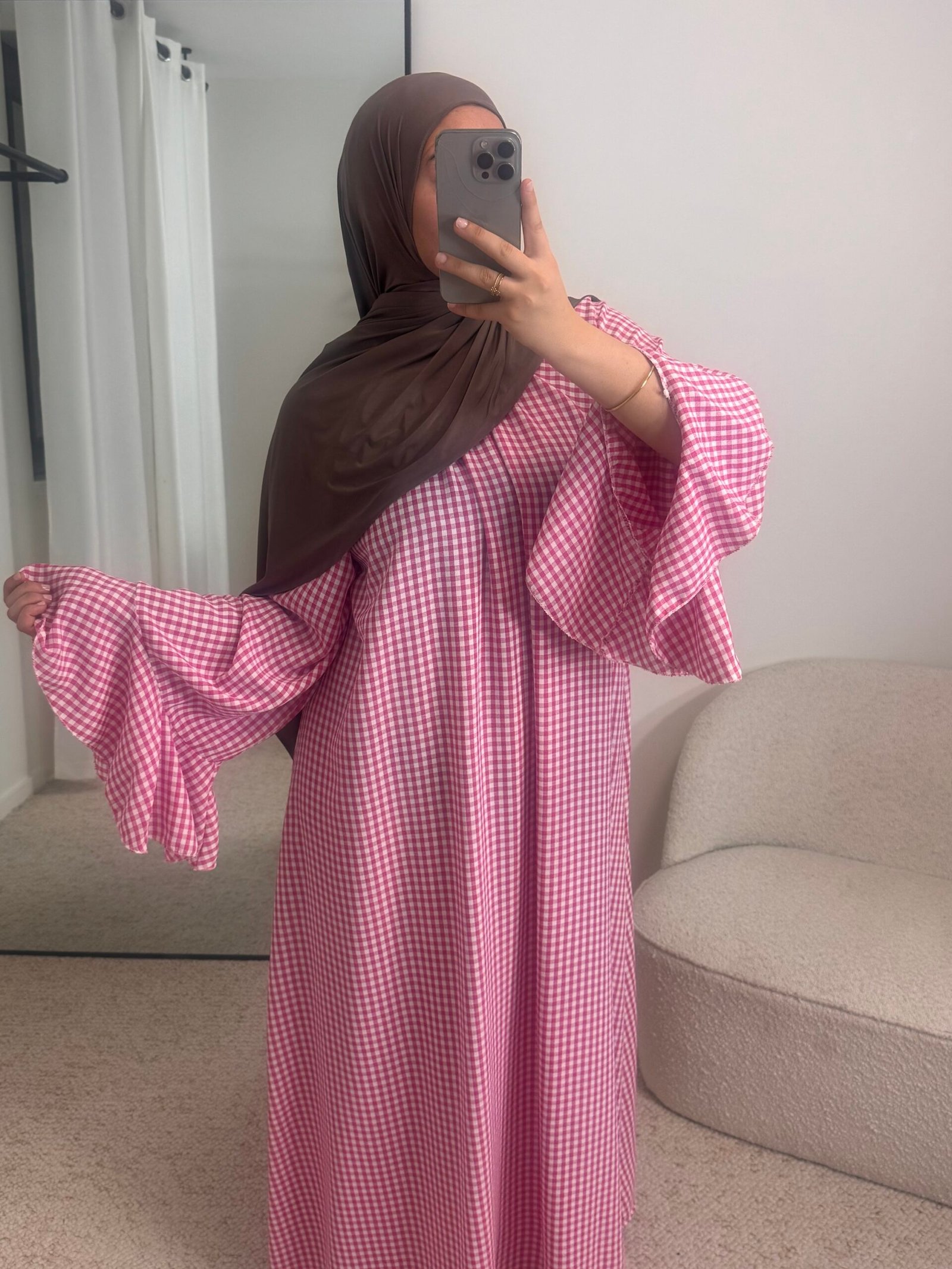 Abaya carreaux - rose bonbon